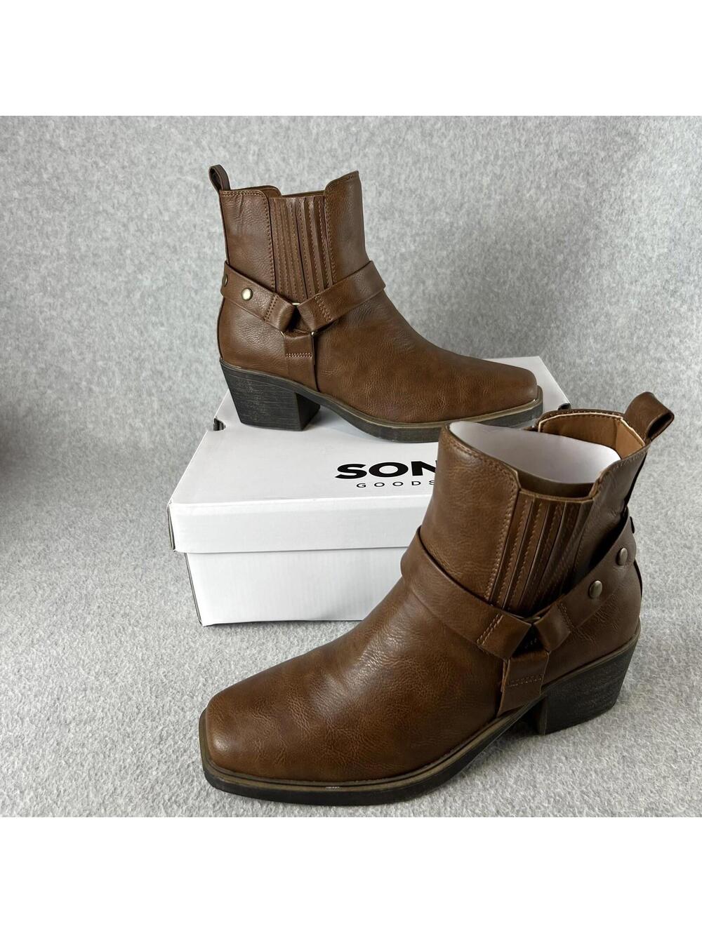Sonoma Western Ankle Boots Womens Size 6.5 Block Heel Brown Faux Leather New
